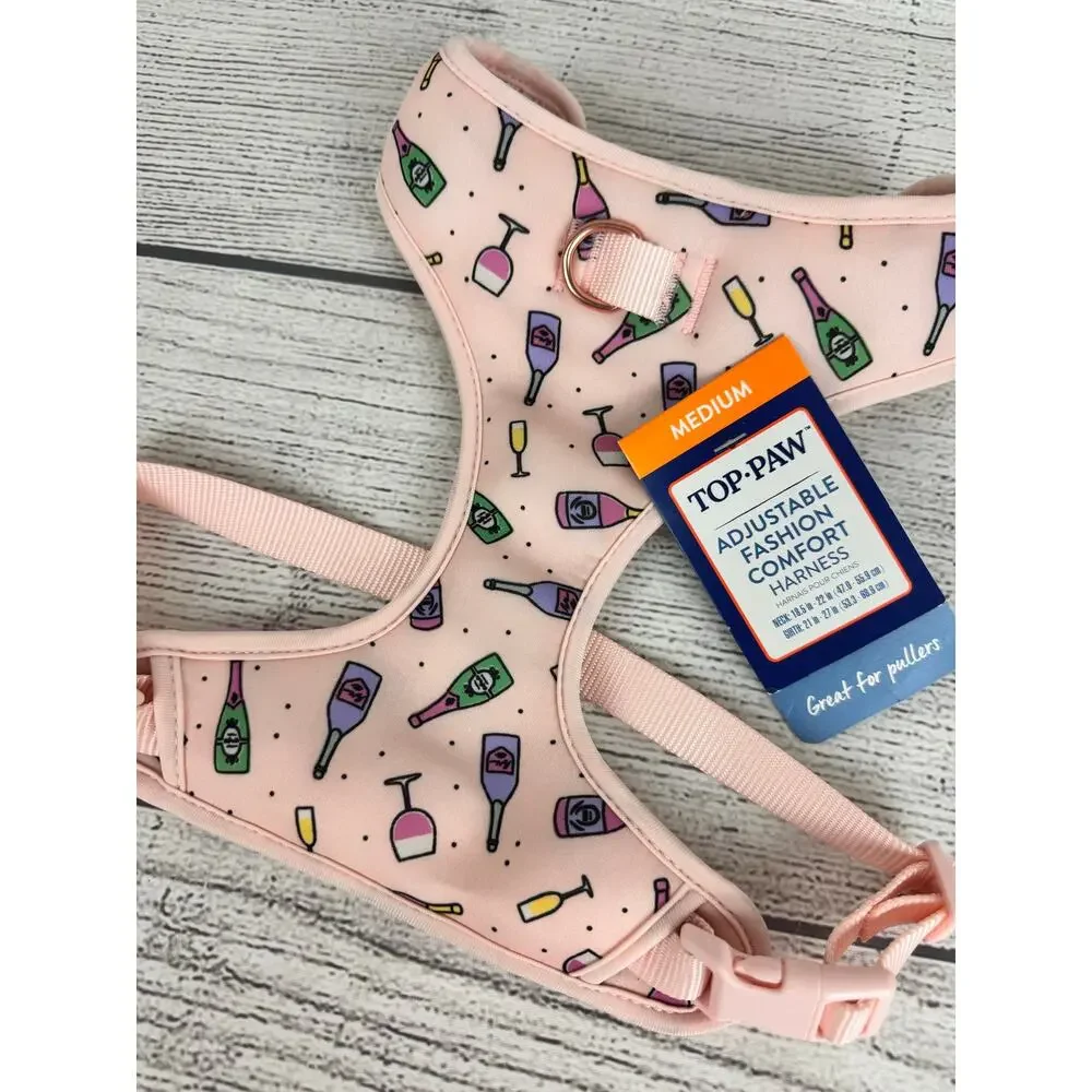 Top Paw Pink Champagne Bottle Print Adjustable Comfort Dog Harness Size Medium